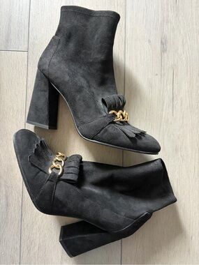 Stuart Weitzman Black Suede Fringe Ankle Boots with Gold Chain Accent